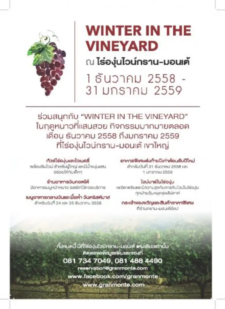 รับลมหนาวเคล้าไวน์ชั้นดี กับ Winter in the Vineyard ธ.ค.58 – ม.ค.59 ณ กราน-มอนเต้ เขาใหญ่