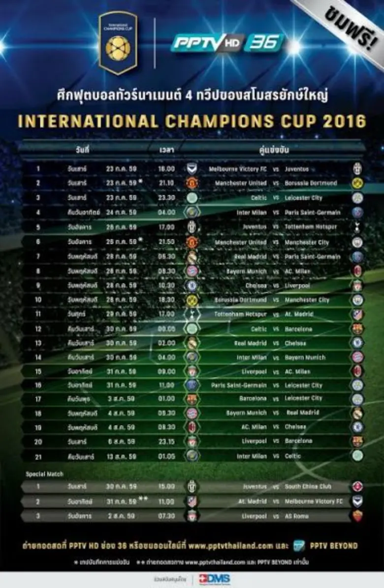PPTV HD ช่อง 36 พร้อมถ่ายทอดสดศึกฟุตบอล INTERNATIONAL CHAMPIONS CUP 2016 เป็นปีที่สอง ประเดิมสนาม 23 ก.ค.นี้