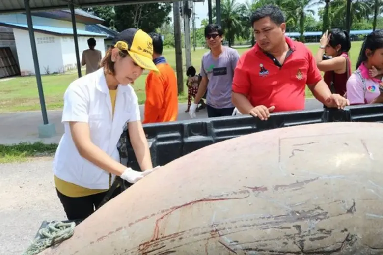 เจ้าหน้าที่ของสถาบันทรัพยากรธรรมชาติและสิ่งแวดล้อม มทร.ตรัง รับซากพะยูน