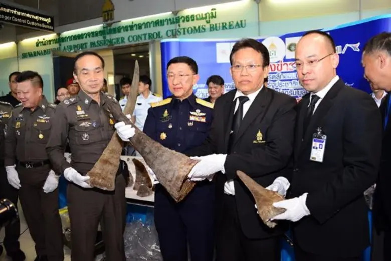 กรมศุลกากร สำนักงานตำรวจแห่งชาติ และกรมอุทยานแห่งชาติ สัตว์ป่า และพันธุ์พืช ตรวจยึดนอแรดลักลอบนำเข้าจาก สหพันธ์สาธารณรัฐประชาธิปไตยเอธิโอเปีย จำนวน 21 นอ น้ำหนักรวม 49.4 กิโลกรัม มูลค่า 173 ล้านบาท