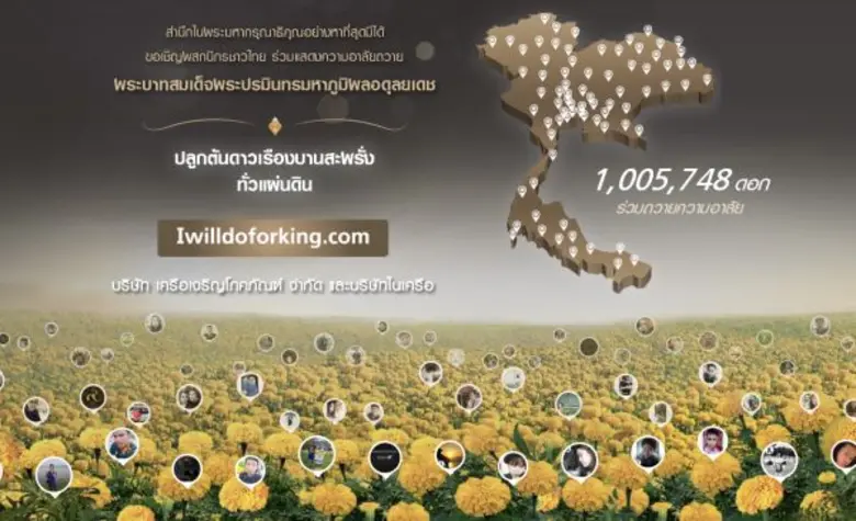 เครือเจริญโภคภัณฑ์และทรู คอร์ปอเรชั่น น้อมสำนึกในพระมหากรุณาธิคุณอย่างหาที่สุดมิได้ ร่วมปลูกต้นดาวเรืองให้เหลืองอร่ามบานสะพรั่งทั้งแผ่นดิน รวมถึงเปิดให้แสดงความอาลัยผ่าน www.iwilldoforking.com