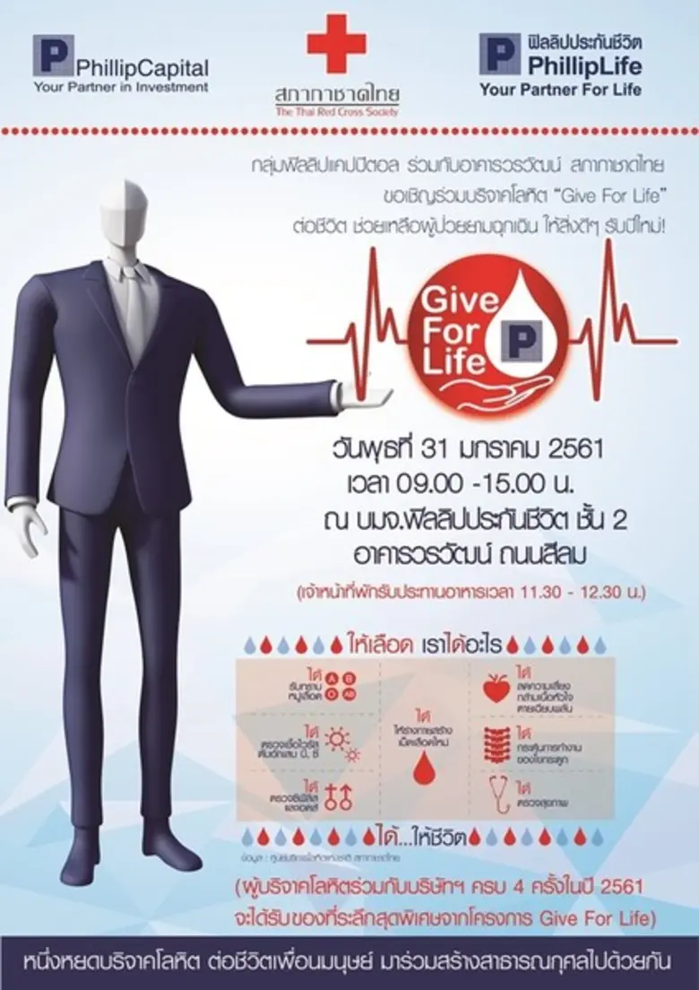 กลุ่มฟิลลิปแคปปิตอล ขอเชิญร่วมบริจาคโลหิต...
