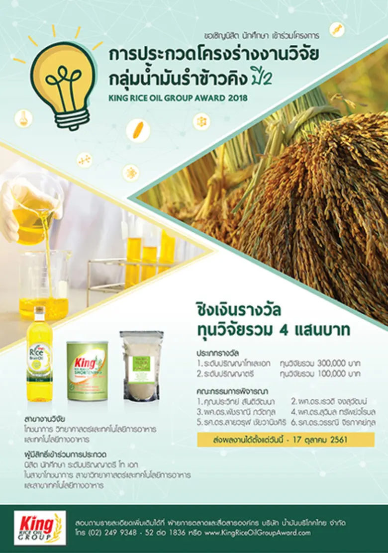 กลุ่มน้ำมันรำข้าวคิง ขยายเวลาส่งผลงานวิจั...