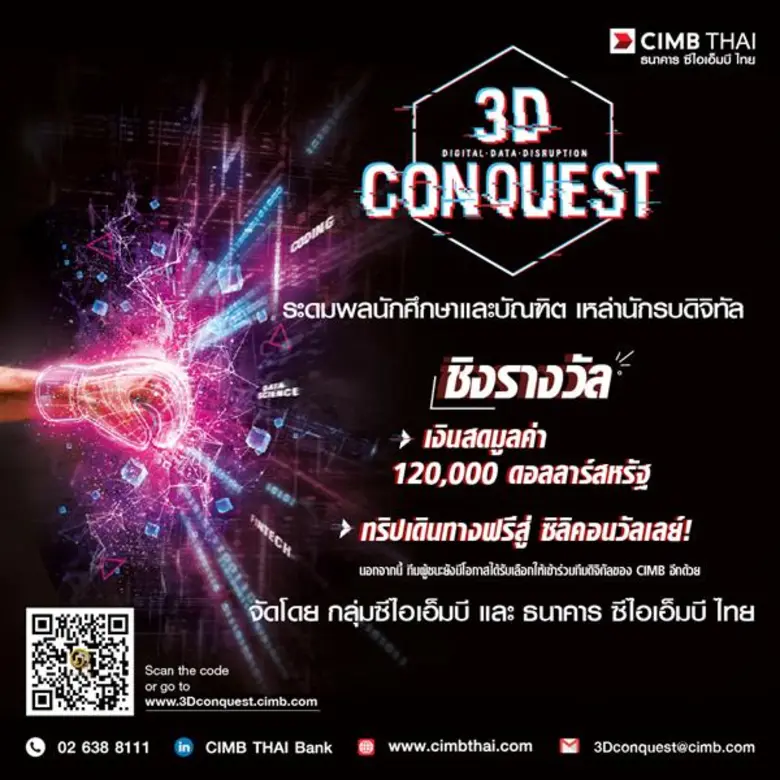กลุ่มซีไอเอ็มบี จัดเวทีประลอง Hackathon ระดับอาเซียน ภายใต้ชื่อ 'CIMB 3D Conquest’ เฟ้นหาคนเก่ง Data Science, FinTech, และ Coding ชิงเงินรางวัล 3.9 ล้านบาท พร้อมทริปไปซิลิคอนวัลเลย์ และโอกาสร่วมงานกับกลุ่มซีไอเอ็มบี เปิดรับสมัครวันนี้ – 14 ต.ค.61