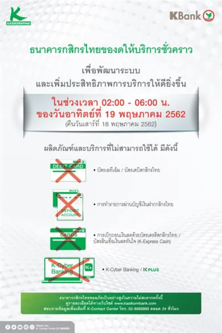 ธนาคารกสิกรไทยจะปิดระบบเป็นการชั่วคราว เพ...