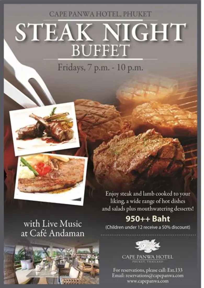 แฮปปี้กับดินเนอร์บุฟเฟ่ต์มื้อพิเศษ ให้คุณอิ่มอร่อยกับสเต็กไนท์ทุกวันศุกร์ ณ ห้องอาหาร คาเฟ่ อันดามัน โรงแรม เคปพันวา ภูเก็ต