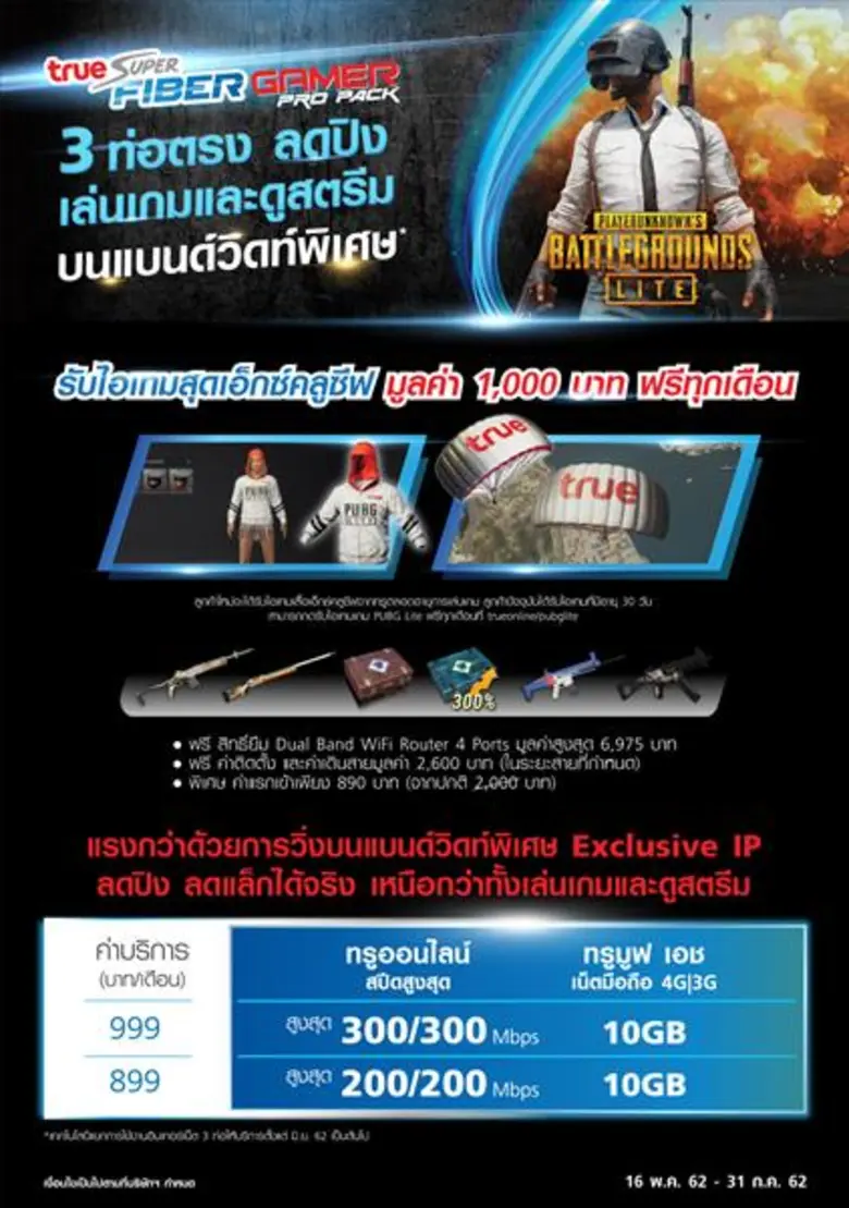 ทรูออนไลน์ เอาใจเหล่าเกมเมอร์ ด้วยเทคโนโลยีใหม่ล่าสุดแยก 3 ท่อตรง ลดปิง เล่นเกมและดูสตรีม บนแบนด์วิดท์พิเศษ พร้อมจับมือ PUBG Lite จัดแคมเปญสุดเอ็กซ์คูลซีฟ“ทรู ซูเปอร์ ไฟเบอร์ เกมเมอร์ โปร แพ็ก” รับไอเท็มสูงสุด 1,000 บาท