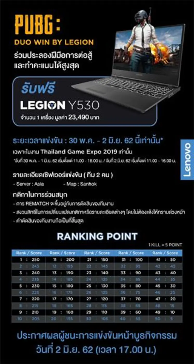 เลอโนโวท้าคอเกม PUBG ประลองฝีมือชิงรางวัลใหญ่ 'Lenovo Legion Y530’ พร้อมโปรโมชั่นพิเศษที่งาน Thailand Game Expo เท่านั้น!