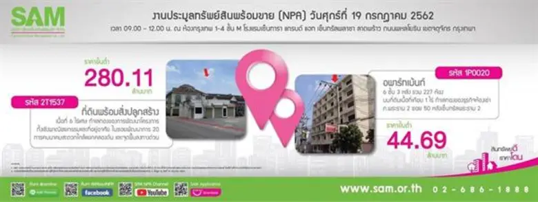 SAM เร่งเครื่องประมูลทรัพย์ NPA มูลค่าร่วม 1 พันล้าน สร้างโอกาสการลงทุนทรัพย์ทำเลดี นัดยื่นซอง 19 ก.ค.62