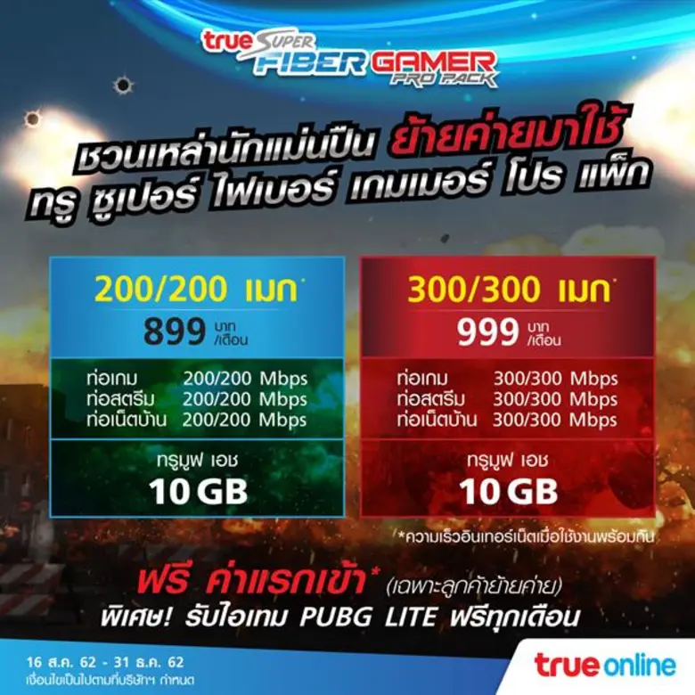 เหล่านักแม่นปืนมีเฮ !!! ... ย้ายค่ายเน็ตบ้าน ใช้ “ทรู ซูเปอร์ ไฟเบอร์ เกมเมอร์ โปร แพ็ก” ฟรี! ค่าแรกเข้า ... ฟรี! ไอเทม PUBG LITE ทุกเดือน