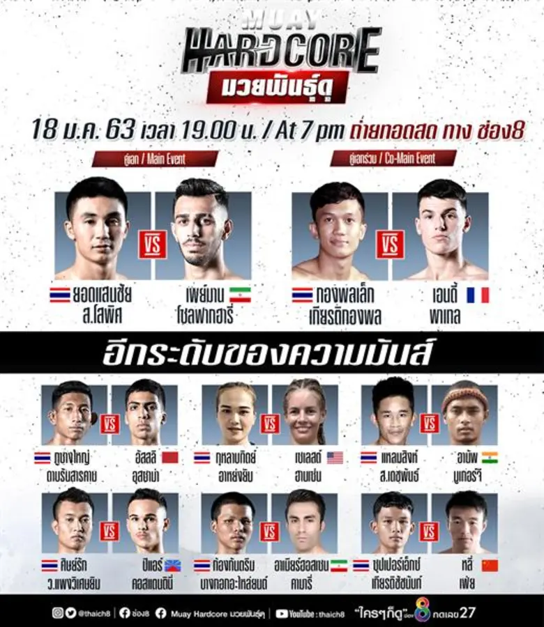 ช่อง 8 คัด 2 มวยเดือด เอาใจคอมวย “ยอดแสนชัย ส.โสพิศ” จอมดุดัน เจอไอ้หนุ่มหมัดกระสุน “เพย์มาน โซลฟาฮารี่” ในศึก “มวยฮาร์ดคอร์ มวยพันธุ์ดุ” และ “มวยไทยซุปเปอร์แชมป์” วันเสาร์ที่ 18 และอาทิตย์ที่ 19 มกราคม นี้