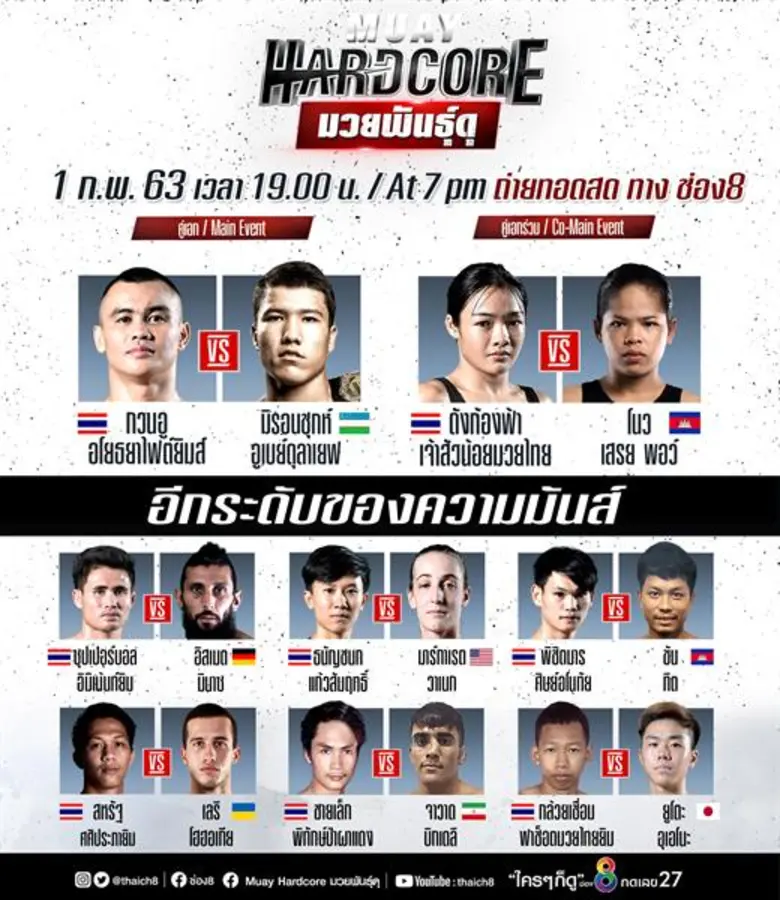 ช่อง 8 จัดหนัก 2 มวยดัง “มวยฮาร์ดคอร์ มวยพันธุ์ดุ และมวยไทยซุปเปอร์แชมป์ “กวนอู อโยธยาไฟต์ยิม ปะทะเดือด มิรอนซุกห์ แชมป์โลกคิกซ์บ็อกซิ่งจากอุซเบกิสถาน วันเสาร์ที่ 1 กพ-วันอาทิตย์ที่ 2 กพ. นี้