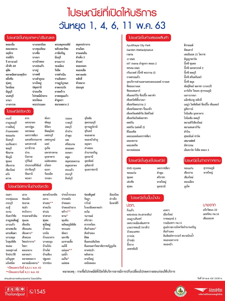 ไปรษณีย์ไทย เปิดให้บริการตามปกติในวันหยุดราชการเดือนพฤษภาคม