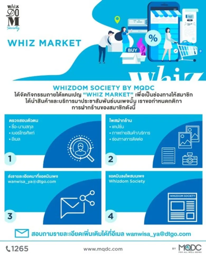 MQDC ร่วมกับ Whizdom Society ช่วยเหลือผู้ประสบภัยโควิดต่อเนื่อง เปิดแคมเปญ Whiz Market ให้พื้นที่เพจฝากสินค้าและบริการ ตั้งแต่วันนี้ถึง31 พ.ค.นี้