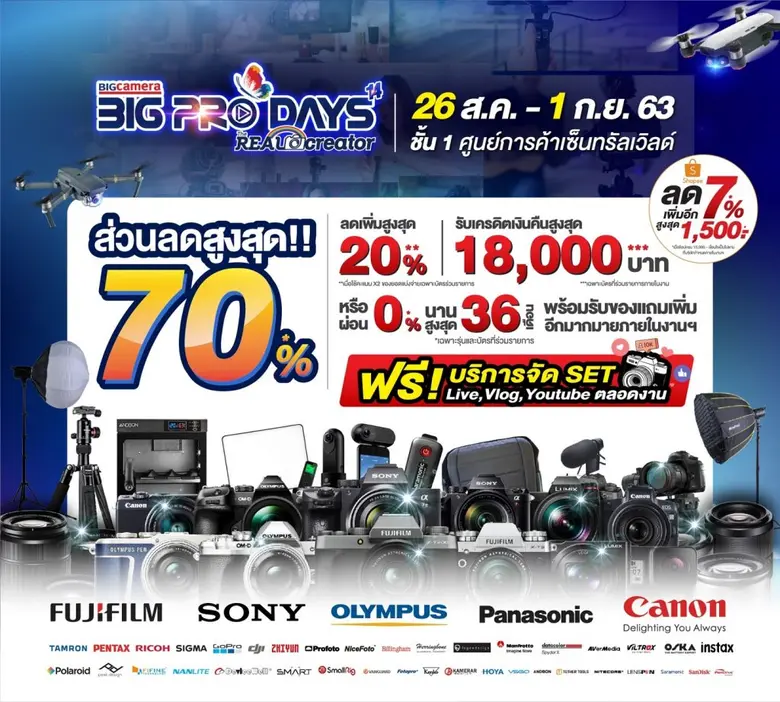 งานกล้องดิจิทัลยิ่งใหญ่แห่งปี BIG CAMERA BIG PRO DAYS 14 “THE REAL CREATOR” 26 ส.ค. - 1 ก.ย. 63 ชั้น 1 ศูนย์การค้าเซ็นทรัลเวิลด์