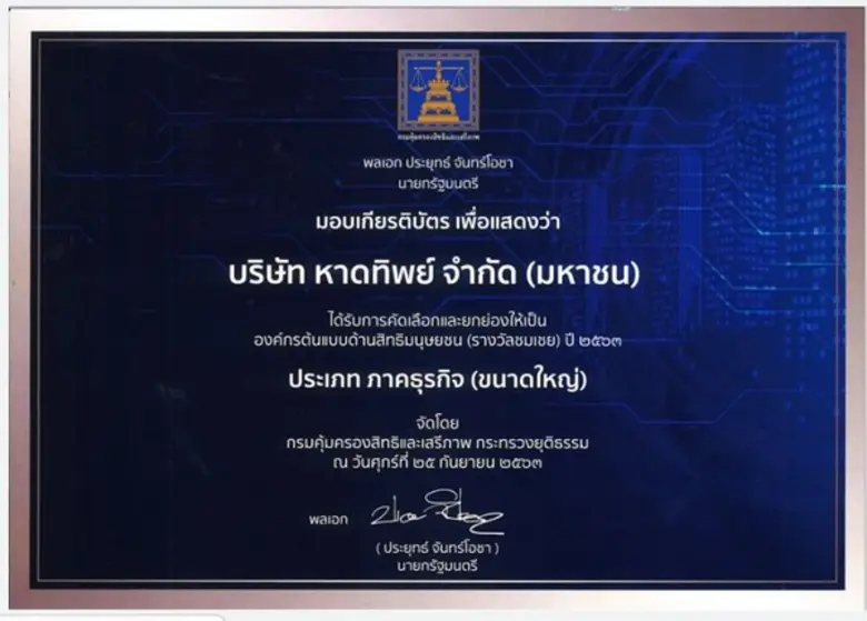 หาดทิพย์ภาคเอกชน แห่งเดียวในภาคใต้ รับรางวัลองค์กรต้นแบบด้านสิทธิมนุษยชน ประจำปี 2563