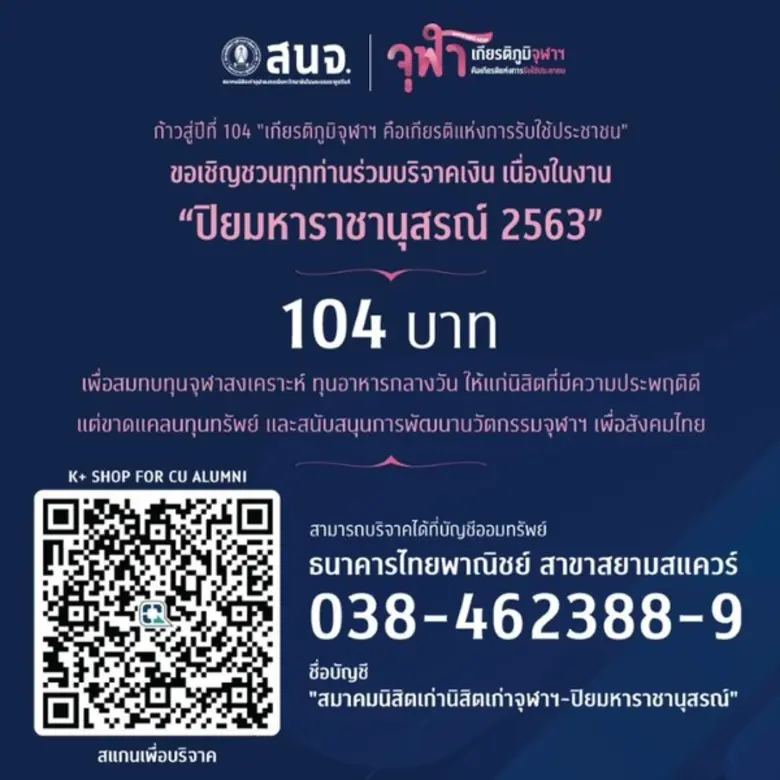 จุฬาฯ รวมพลังแห่งการให้ ฉลองก้าวสู่ปีที่ 104 ชวนบริจาคโลหิตและบริจาคเงิน 104 บาท ปลุกเกียรติภูมิจุฬาฯ คือเกียรติแห่งการรับใช้ประชาชน