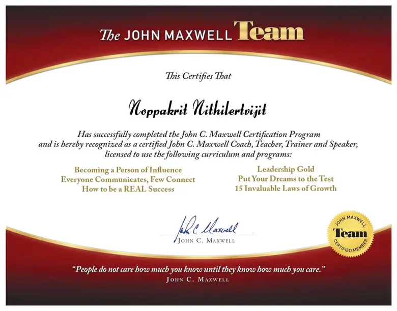 CEO นพกฤษฏิ์ นิธิเลิศวิจิตร ที่คว้า Licensed จาก สถาบัน John C. Maxwell หลักสูตรการพัฒนาภาวะผู้นำ