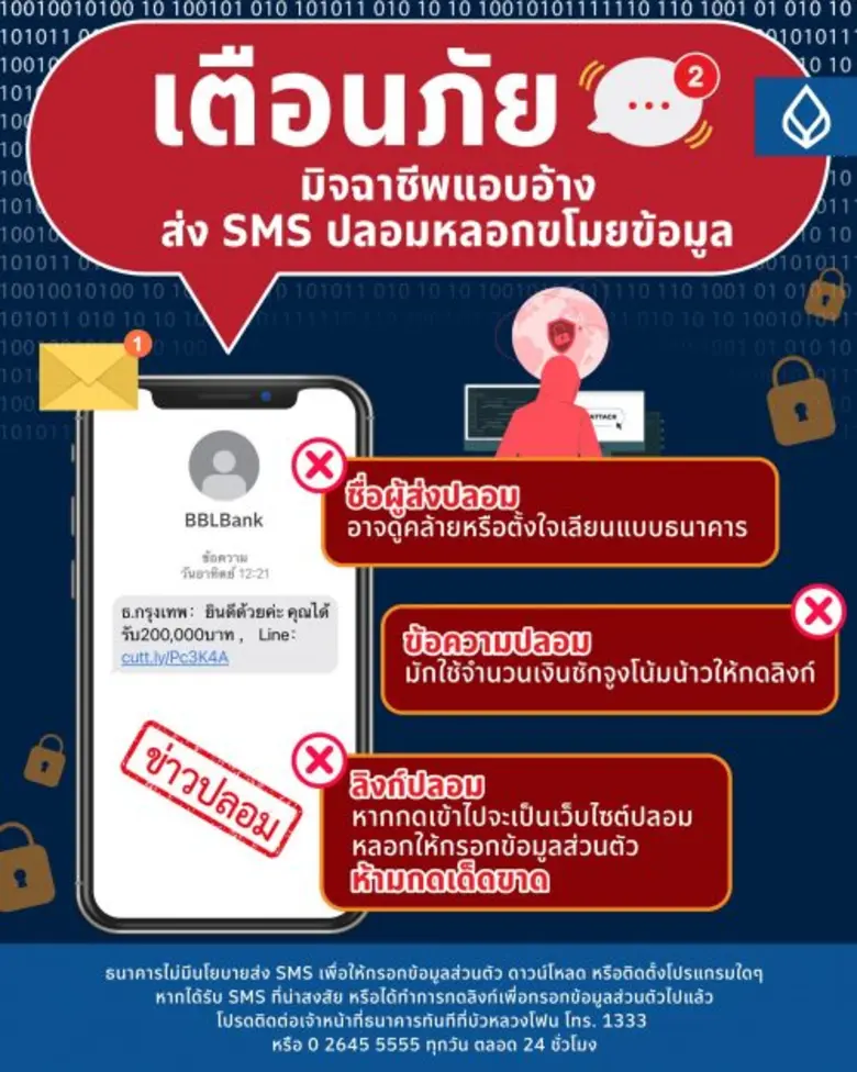 ธนาคารกรุงเทพ เตือนลูกค้า ระวังมิจฉาชีพสวมรอยลวงขอข้อมูลผ่าน SMS-อีเมล-โซเชียล แนะนำ 5 ข้อควรปฏิบัติเพื่อทำธุรกรรมอย่างปลอดภัย
