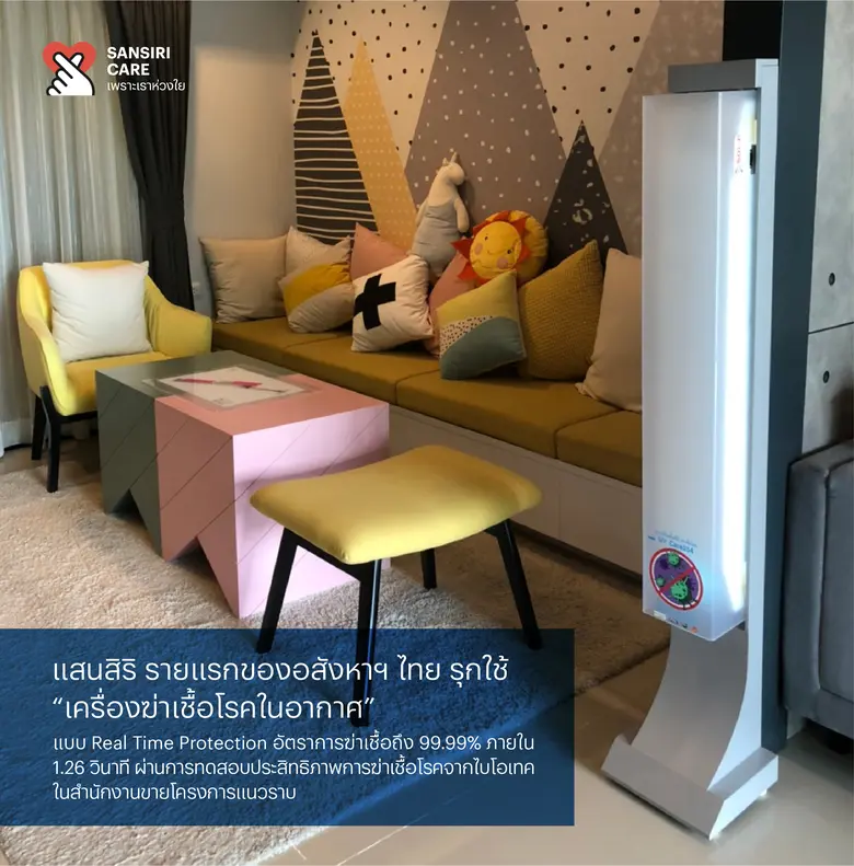 แสนสิริ รุกหน้า รายแรกของอสังหาฯไทย ใช้นวัตกรรม "เครื่องฆ่าเชื้อโรคในอากาศ" ต้านโควิด ในสำนักงานขายโครงการแนวราบ และ "เครื่องฟอกอากาศ ฆ่าเชื้อและกรองฝุ่น PM 2.5"