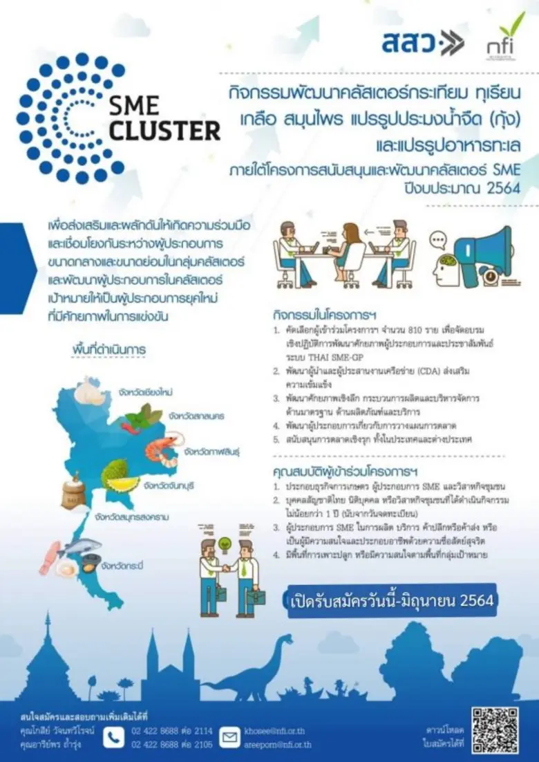 สสว. ร่วมกับสถาบันอาหาร รับสมัครผู้ประกอบการ กิจกรรมพัฒนาคลัสเตอร์ กระเทียม ทุเรียน เกลือ สมุนไพร แปรรูปประมงน้ำจืด (กุ้ง) และแปรรูปอาหารทะเล ต่อเนื่อง