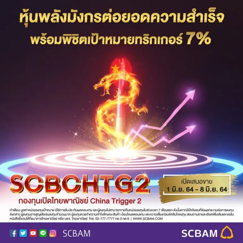 บลจ.ไทยพาณิชย์ ลุยทริกเกอร์หุ้นจีนต่อเนื่อง "SCBCHTG2" IPO 1-8 มิ.ย. นี้  เป้าหมายทริกเกอร์ 7% ภายใน 7 เดือน หลังส่งกองแรกทะลุเกินเป้า เพียง 2 เดือน