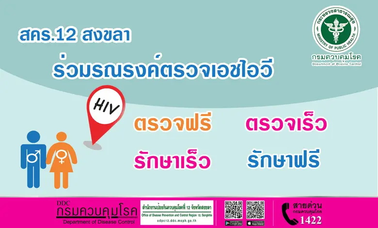 สคร.12 สงขลา ร่วมรณรงค์ตรวจเอชไอวี 1 กรกฎาคม 2564 ตรวจฟรี ตรวจเร็ว รักษาเร็ว รักษาฟรี