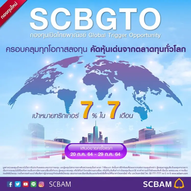 บลจ.ไทยพาณิชย์ เปิดขายกองทริกเกอร์ "SCBGTO" IPO 20 - 29 ก.ค. นี้  จับจังหวะหุ้นทั่วโลก เป้าหมายทริกเกอร์ 7% ภายใน 7 เดือน