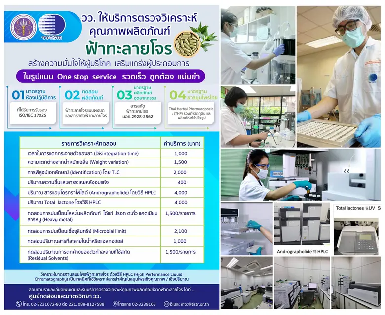 วว. ให้บริการตรวจวิเคราะห์คุณภาพผลิตภัณฑ์ฟ้าทะลายโจร