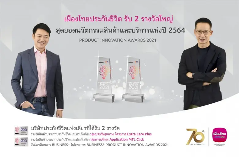 เมืองไทยประกันชีวิต รับ 2 รางวัลใหญ่ "สุดยอดนวัตกรรมสินค้าและบริการแห่งปี 2564" ในพิธีมอบรางวัล BUSINESS+ PRODUCT INNOVATION AWARDS 2021