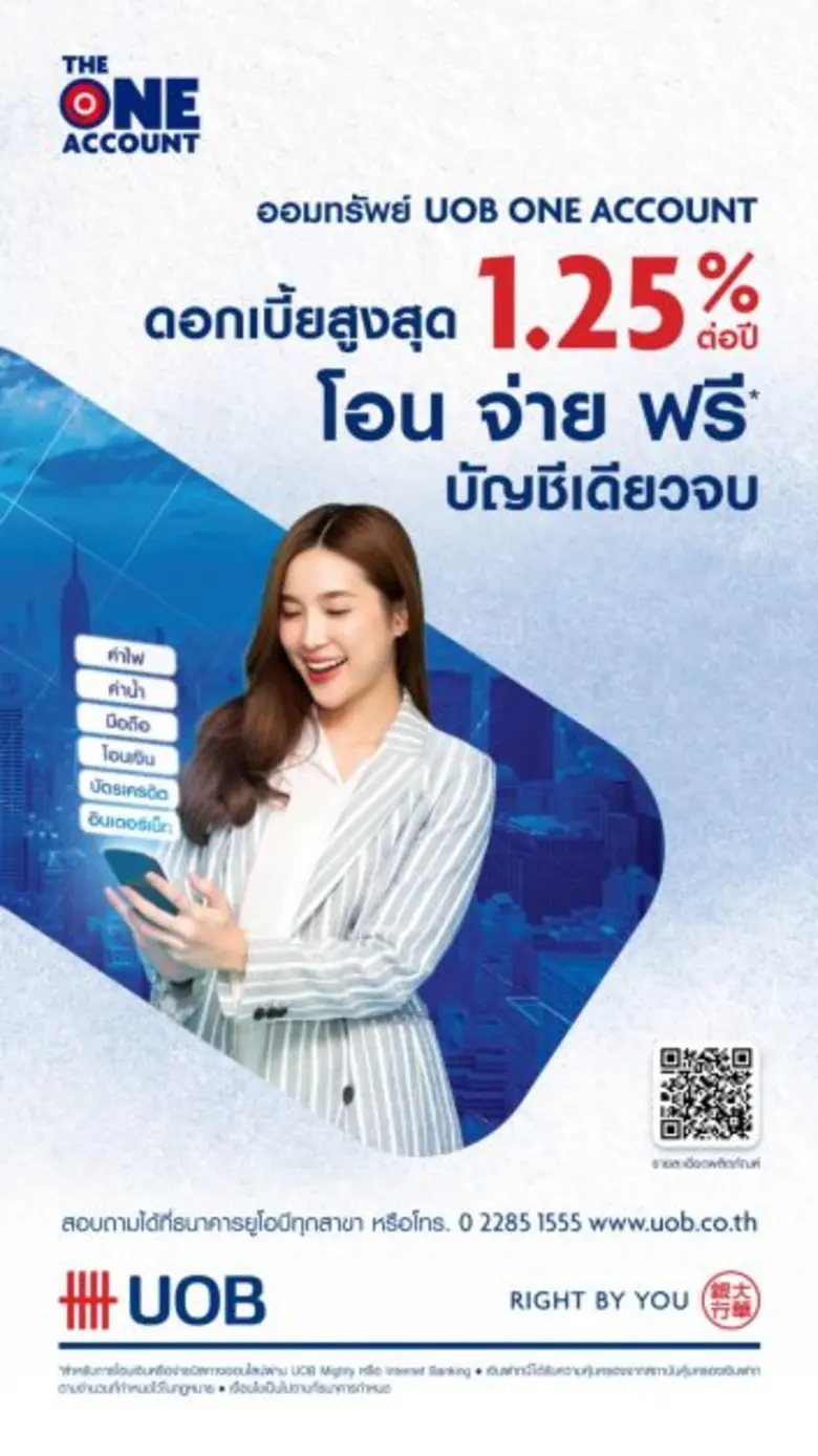 ยูโอบีให้ลูกค้ารับดอกเบี้ยรวมโบนัสง่ายขึ้น สูงสุดถึง 1.25% ต่อปี เมื่อออมและทำธุรกรรมผ่านบัญชี UOB One Account ครบตามเงื่อนไข