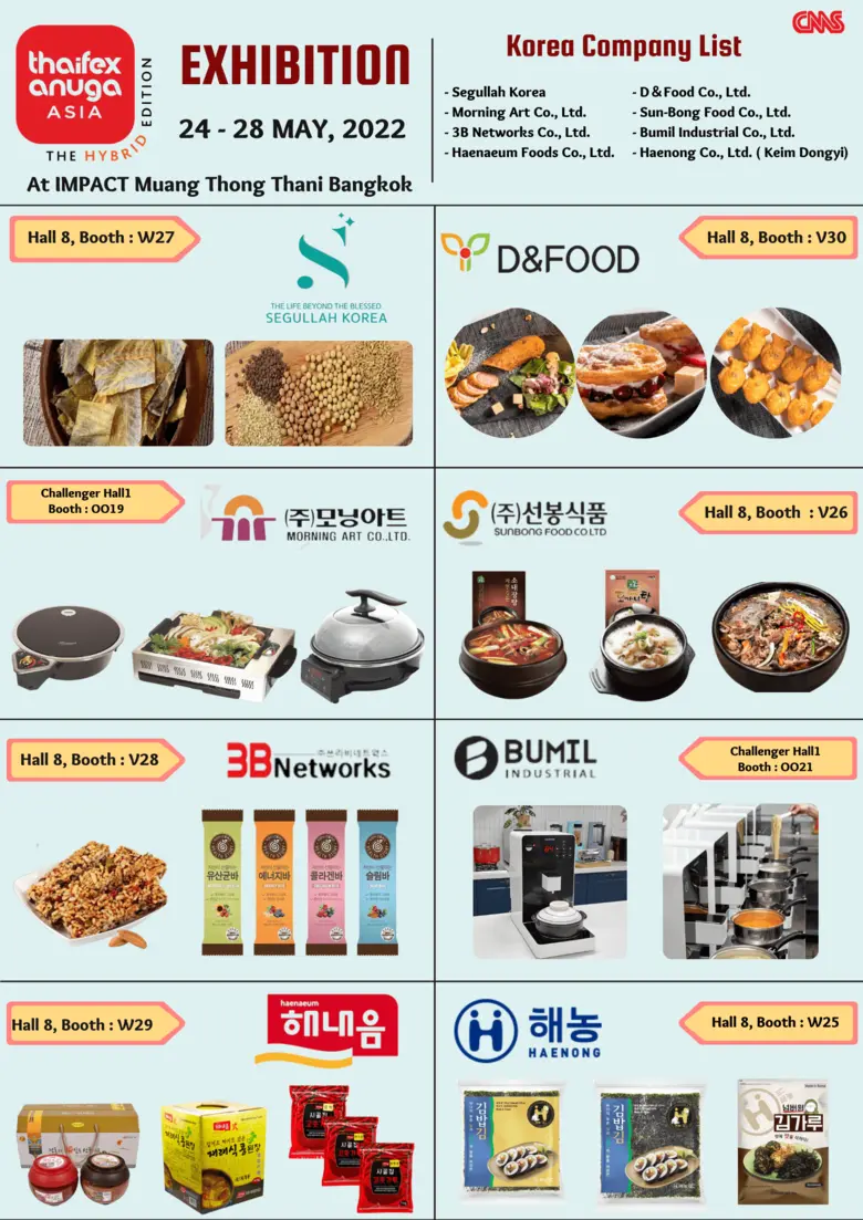 C.M.S. Korea Trade เชิญร่วมงานเจรจาธุรกิจกับผู้ประกอบการจากเกาหลีใต้กลุ่มธุรกิจสินค้าอาหารและเครื่องดื่มในงาน THAIFEX - Anuga Asia 2022 วันที่ 24-28 พ.ค. นี้