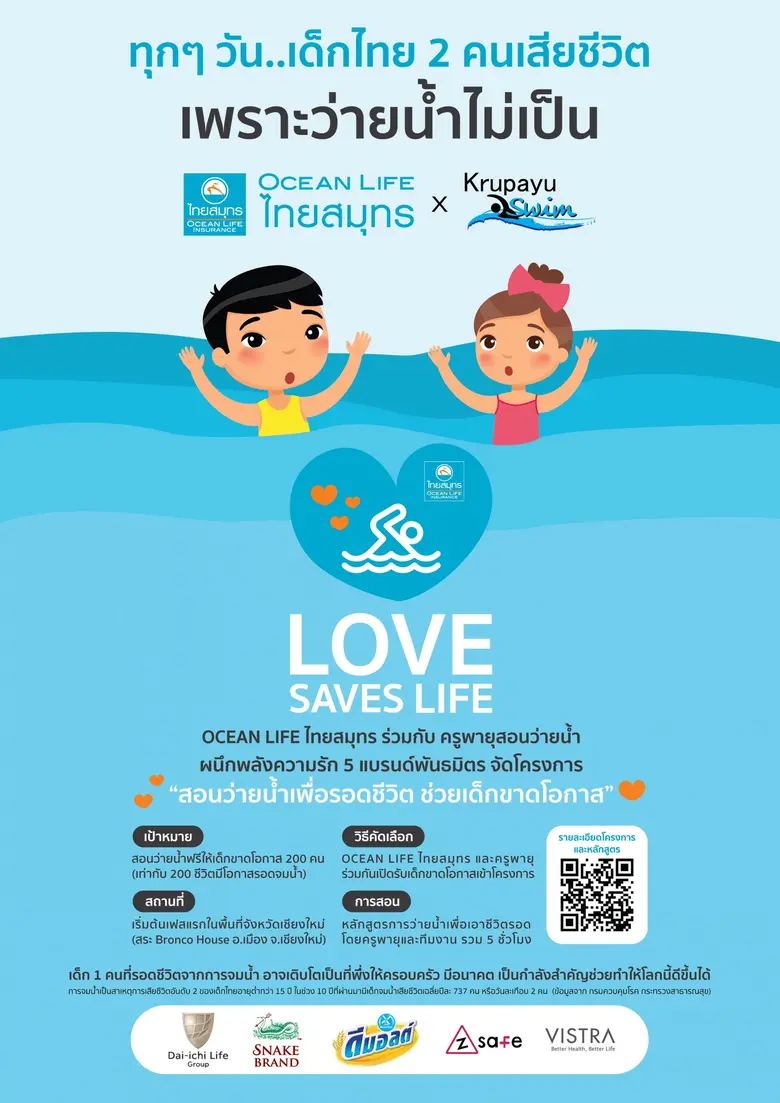 OCEAN LIFE ไทยสมุทร เดินหน้าสร้างสังคมที่ยั่งยืน เปิดโครงการ LOVE SAVES LIFE ร่วมกับครูพายุ สอนว่ายน้ำให้เด็กขาดโอกาส ช่วยให้น้องๆ รอดชีวิตจากการจมน้ำ