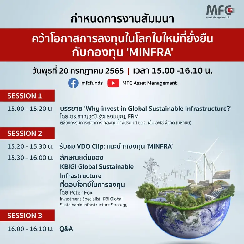 MFC ส่งกองทุนใหม่ "MINFRA" เพิ่มโอกาสการลงทุนด้านโครงสร้างพื้นฐาน ในโลกใบใหม่ที่ยั่งยืน IPO 20-27 ก.ค. นี้