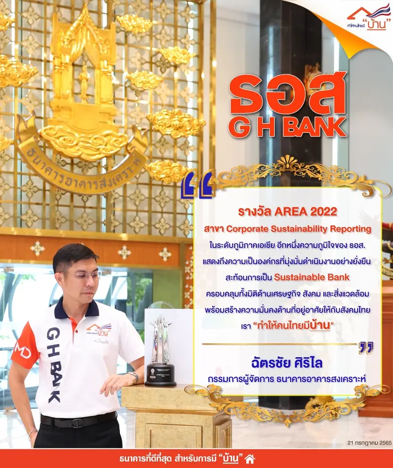ธอส. สถาบันการเงินแห่งแรกของไทย ที่ได้รับรางวัล Asia Responsible Enterprise Awards 2022 สาขา Corporate Sustainability Reporting ในระดับภูมิภาคเอเชีย