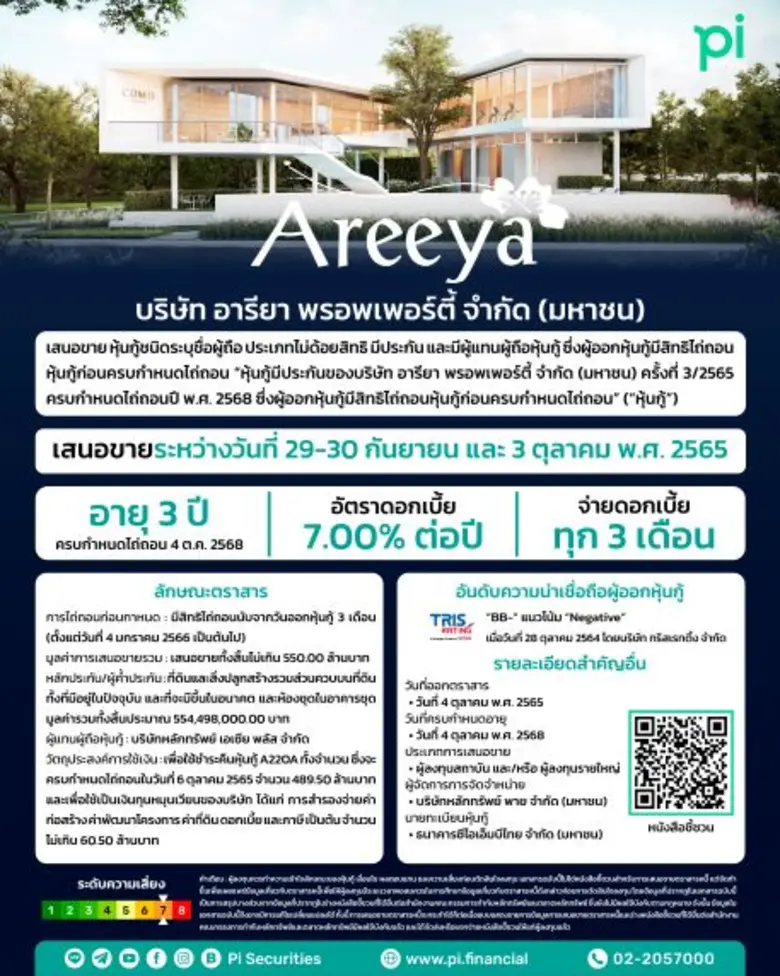 "บล.พาย" (Pi) รับหน้าที่จัดจำหน่ายร่วม เสนอขายหุ้นกู้ "อารียา พรอพเพอร์ตี้" ดอกเบี้ย 7.00% ต่อปี IPO 29-30 ก.ย. และ 3 ต.ค.นี้