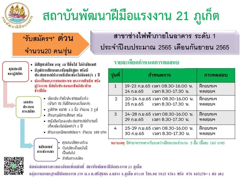 สถาบบันพัฒนาฝีมือแรงงาน 21 ภูเก็ต เปิดรับสมัครฝึกอบ...