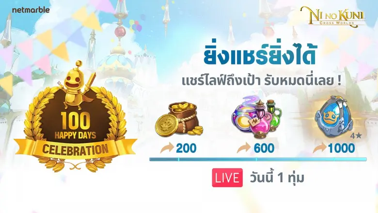 เฉลิมฉลอง Ni no Kuni: Cross Worlds เปิดเกมครบ 100 วัน  กับ Official LIVE ครั้งแรก วันนี้ 1 ทุ่มตรง ห้ามพลาด!