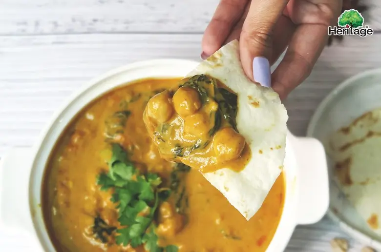 เฮอริเทจ ขอเสนอเมนู "แกงอินเดียถั่วลูกไก่และผักโขม" เมนูอาหารอินเดีย สูตรอาหารแพลนต์เบส อร่อย โปรตีนสูง