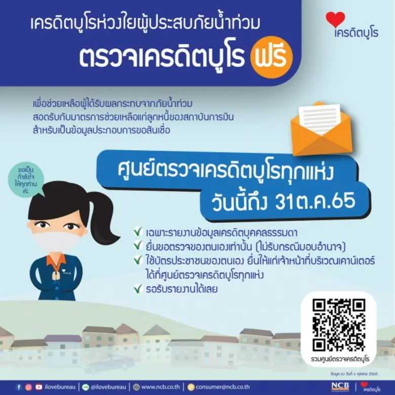 เครดิตบูโรห่วงใยผู้ประสบภัยน้ำท่วม ตรวจเครดิตบูโร...ฟรี! ณ ศูนย์ตรวจเครดิตบูโรทุกแห่ง ตั้งแต่วันนี้ถึงเดือนตุลาคมนี้