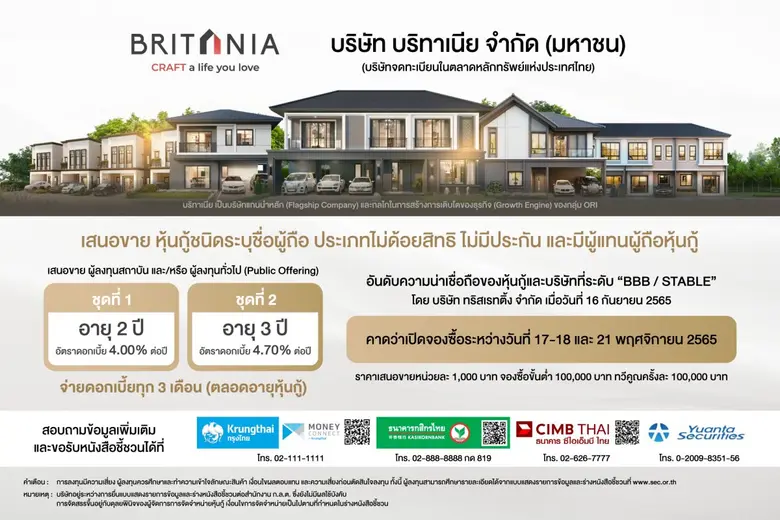 "บริทาเนีย" หรือ BRI เตรียมเปิดจองหุ้นกู้...
