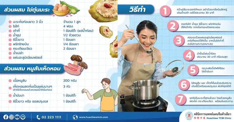 คลินิกการแพทย์แผนจีนหัวเฉียว แนะนำอาหารเพื่อสุขภาพ ควบคุมระดับน้ำตาล รักษาสมดุลชีวิต "ไข่ตุ๋นมะระเก๋ากี้ราดหมูสับเห็ดหอม"