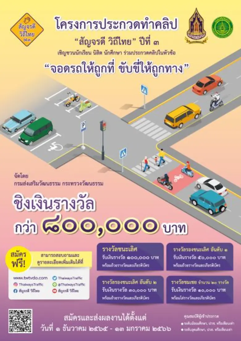 กรมส่งเสริมวัฒนธรรม กระทรวงวัฒนธรรม จัดโครงการประกวดทำคลิป "สัญจรดี วิถีไทย ปีที่ 3 : จอดรถให้ถูกที่ ขับขี่ให้ถูกทาง" ชิงทุนการศึกษามูลค่ารวมกว่า 800,000 บาท