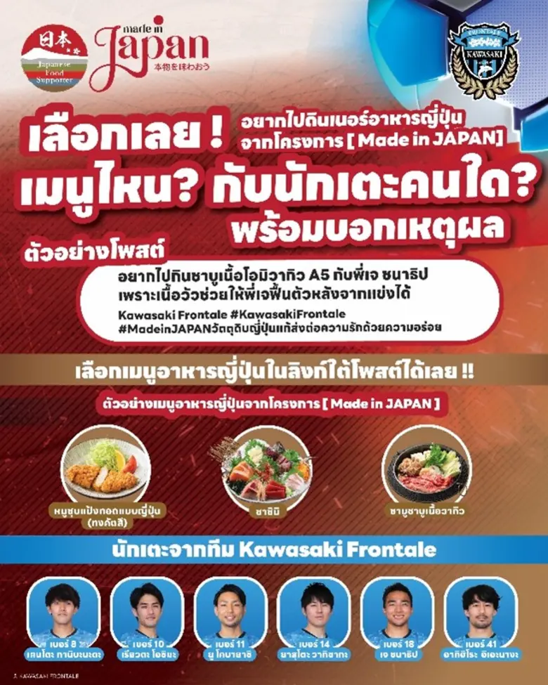 เจโทรผนึกกำลังกับ Kawasaki Frontale สโมสรฟุตบอลในเจลีกจัดกิจกรรมโปรโมทวัตถุดิบอาหารญี่ปุ่นรุกขยายฐานคนรักอาหารญี่ปุ่นในไทย