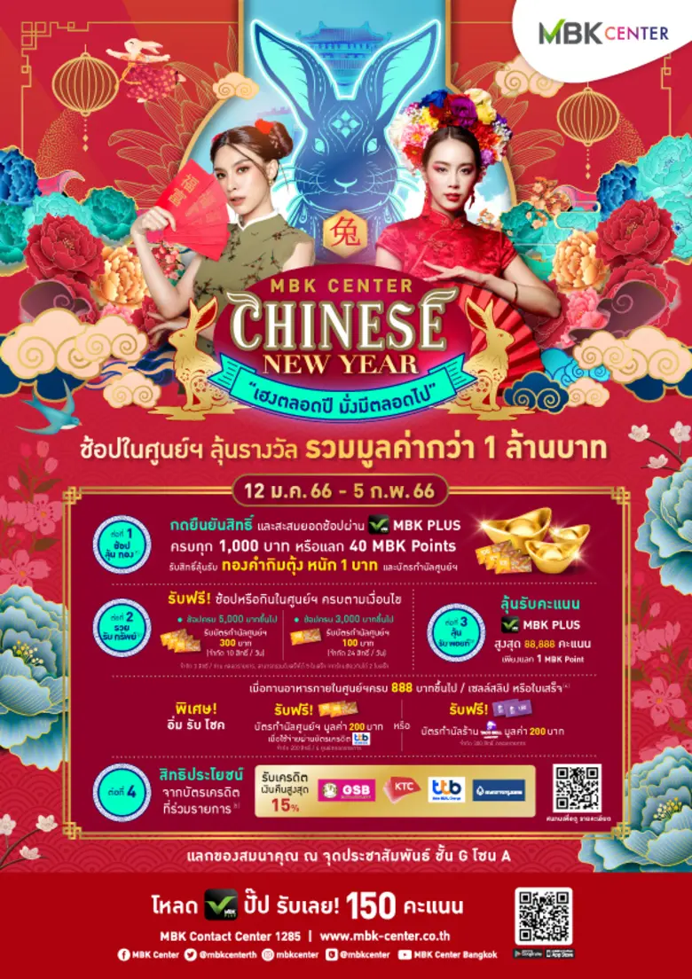 ศูนย์การค้าเครือเอ็ม บี เค ต้อนรับเทศกาลตรุษจีนปีกระต่ายทอง CHINESE NEW YEAR 2023 ยิ่งช้อปยิ่งเฮง ยิ่งคุ้มหลายต่อ แจกหนักโชคทอง MBK PLUS Points สูงสุด 88,888 คะแนน