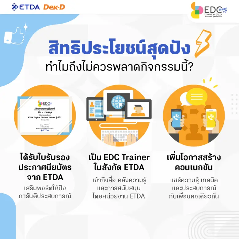 Dek-D และ ETDA เปิดรับสมัครเข้าร่วมโครงการ 'ETDA Digital Citizen Trainer' เพิ่มทักษะรับมือภัยโซเชียลมีเดียด้วย 5 ทักษะดิจิทัลจากกูรู ด่วนหมดเขต 19 ม.ค.นี้
