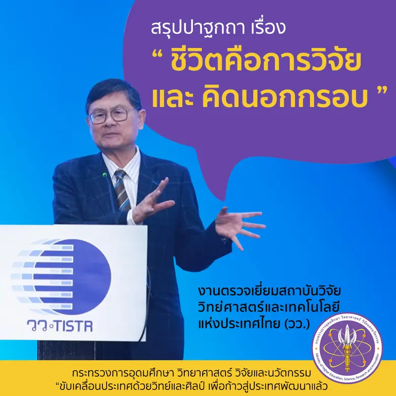ปาฐกถา "ชีวิตคือการวิจัย และ คิดนอกกรอบ" โดย  ศ.(พิเศษ)ดร.เอนก  เหล่าธรรมทัศน์ รัฐมนตรีว่าการกระทรวงการอุดมศึกษา วิทยาศาสตร์ วิจัยและนวัตกรรม ในโอกาสตรวจเยี่ยมการดำเนินงาน วว.