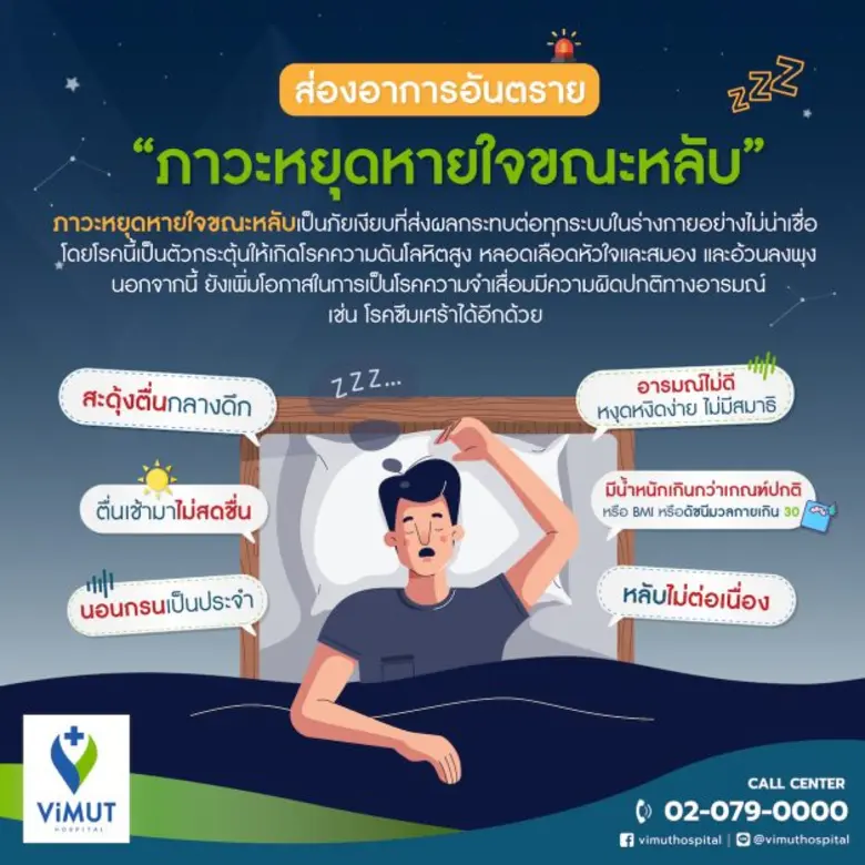 นอนกรน ตื่นกลางดึก ง่วงทั้งวัน ไม่มีสมาธิ! ส่องอาการ "ภาวะหยุดหายใจขณะหลับ" แพทย์ รพ. วิมุต ชี้อย่านิ่งนอนใจ รีบรักษาก่อนเสี่ยงอีกหลายโรค!