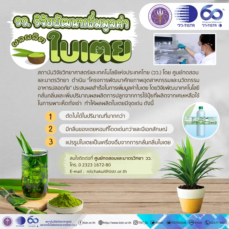 วว. พัฒนาศักยภาพอุตสาหกรรม/นวัตกรรมอาหารปลอดภัย วิจัยพัฒนาเทคโนโลยีกลั่นกลิ่นเพิ่มมูลค่าใบเตย