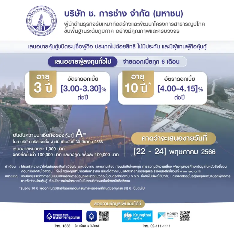 ช.การช่าง เตรียมออกหุ้นกู้ 4 ชุด อายุ 3-10 ปี ดอกเบี้ย [3.00 - 4.15]% ต่อปี คาดเสนอขายให้แก่ประชาชนทั่วไปและผู้ลงทุนสถาบัน เดือน พ.ค.2566